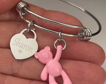 Personalized Bear Charm Bracelet: Engraved Heart, Stainless Steel Bangle