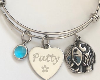 Elephant Bracelet-engraved Name charm bracelet with birthstone and elephantgreat for stacking and layering