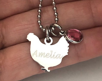 Personalized Chicken Necklace: Stainless Steel Charm with Birthstone