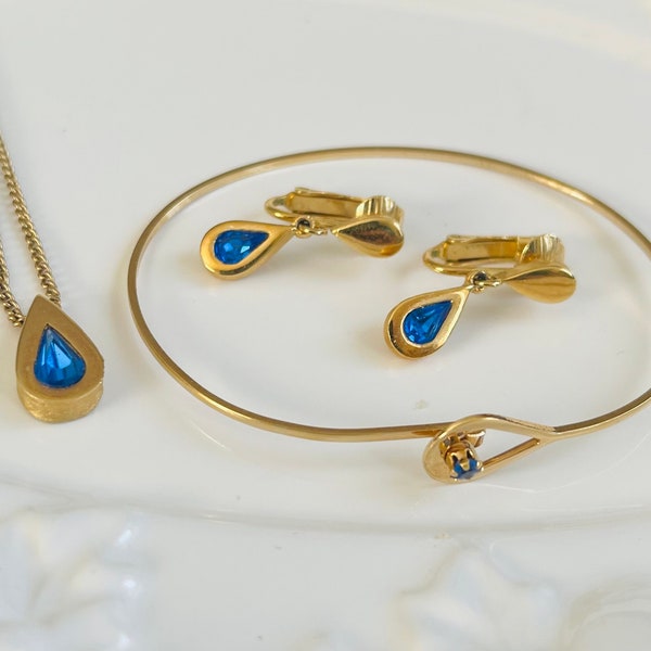 Vintage AVON jewelry set-gold plated with blue stones- earrings, necklace with pendant, bracelet set