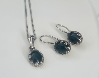 Vintage Sterling Silver Black Onyx Necklace and Earring Set