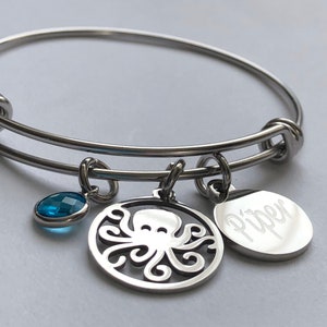 Octopus Bracelet-personalized engraved with Name charm and birthstonegreat for stacking and layering