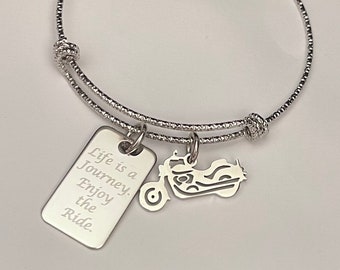 Motorcycle Bracelet with motorcycle and engraved "life is a journey. Enjoy the ride" charm-banglegreat for stacking and layering