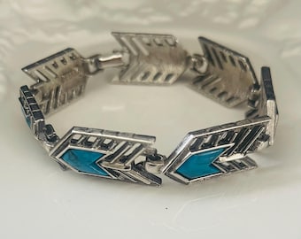 Vintage Sarah Coventry “Inca” Arrow Link Bracelet-Silver plated Faux Turquoise: 8”