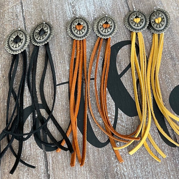 Authentic deerskin Leather fringe earrings on slotted conchos with stainless steel hooks, western earrings, Tassel earrings