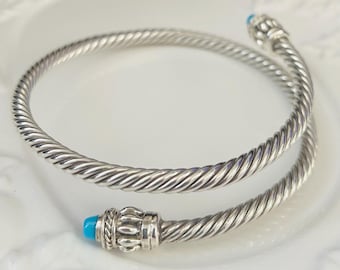 Vintage Mexico Sterling Silver double loop Bracelet: Blue Stone Accent