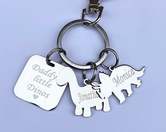Personalized Dinosaur Keychain: Stainless Steel Brontosaurus & Triceratops