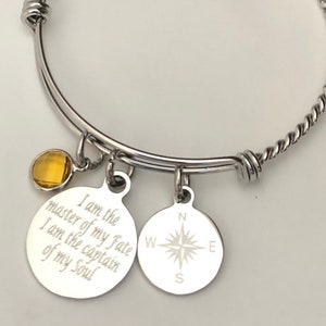 Compass bracelet engraved I am the master of my fate I am the captain of my soul-personalized engraved stainless steel charm bracelet stainless braided