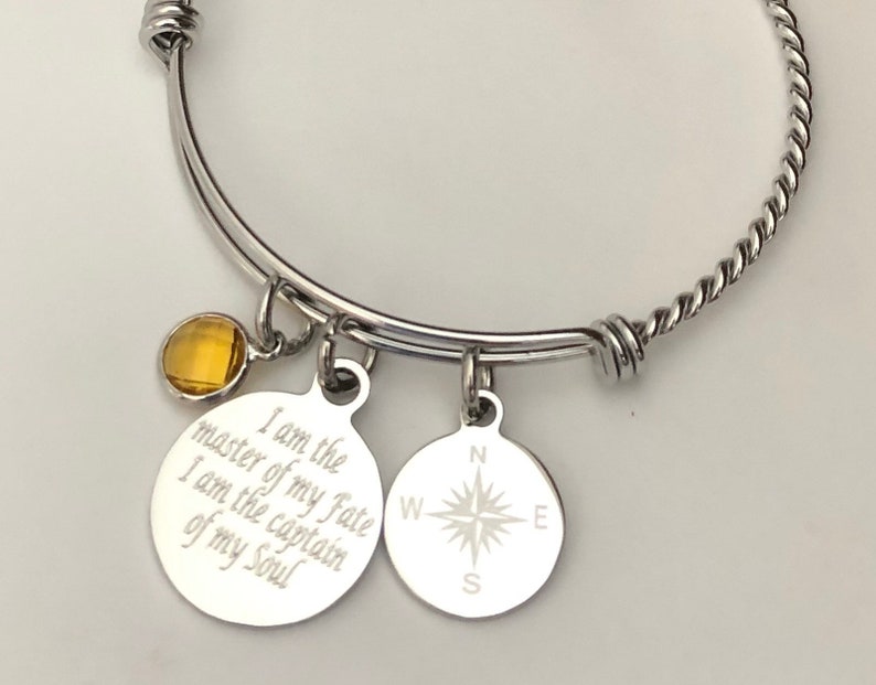 Compass bracelet engraved I am the master of my fate I am the captain of my soul-personalized engraved stainless steel charm bracelet stainless braided