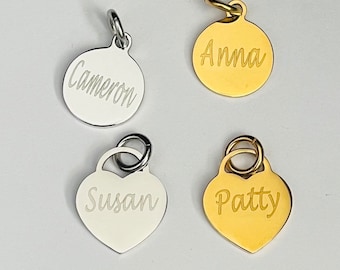 Personalized Name Charm: Stainless Steel or Gold Plated, Heart or Round