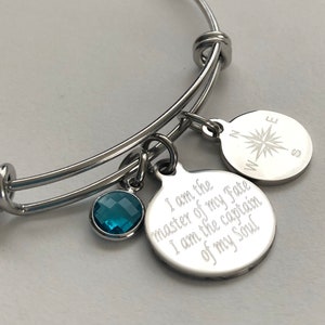 Compass bracelet engraved I am the master of my fate I am the captain of my soul-personalized engraved stainless steel charm bracelet stainless steel