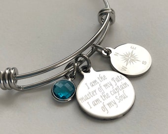 Engraved Compass Bracelet: Personalized Stainless Steel Charm, Adjustable