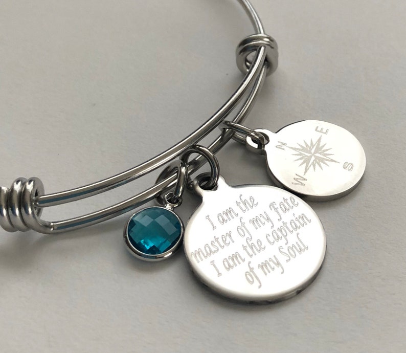 Compass bracelet engraved I am the master of my fate I am the captain of my soul-personalized engraved stainless steel charm bracelet stainless steel