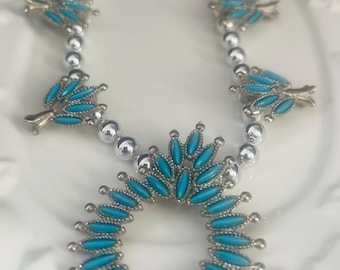 Vintage Squash Blossom Needlepoint Necklace-Faux turquoise stones-silver plated bead necklace