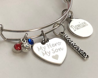 Engraved 'My Hero My Son' Charm Bracelet: Military Mom Gift