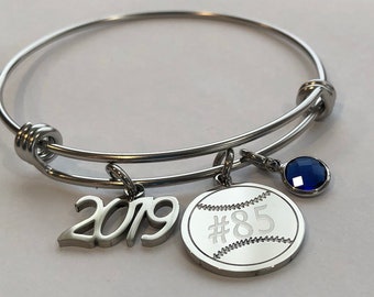 Baseball/Softball bracelet-baseball Mom bracelet-coach gift-personalized engraved w/players number on front and name on back of ball charm