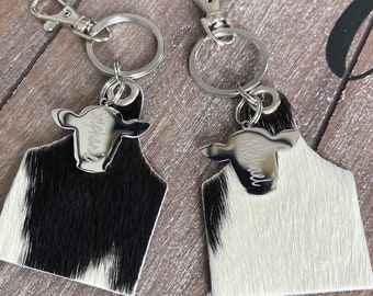 Authentic leather black and white hair on ear tag keychain with personalized stainless steel cow face engraved with name, purse jewelry