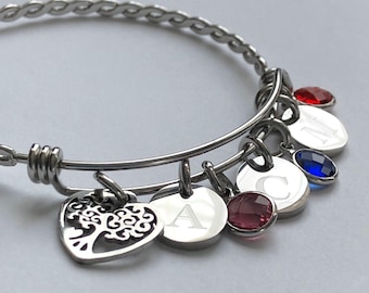 Family Tree Bracelet: Personalized Initial & Birthstone Charm, Stainless Steel