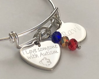 Personalized Autism Awareness Bracelet: Engraved Name Charm, Glass Beads