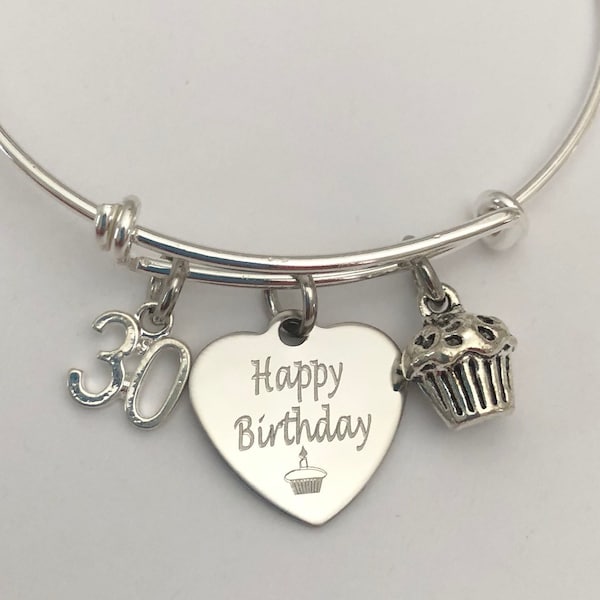 16, 18, 21, 30, 40, or 50th Birthday Bracelet with age charm birthday cup cake and happy birthday charmgreat for stacking and layering