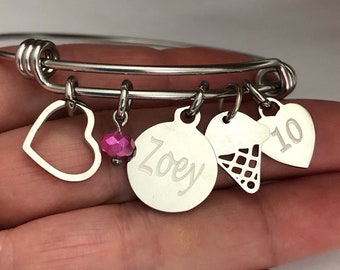 Birthday bracelet-any age-personalized with name and birthstone, ice cream cone and heart-10th birthday-13th birthday-any age birthday