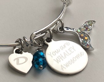 Personalized Whale Tail Bracelet: Initial, Birthstone, Engraved Charm