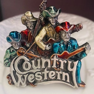 Vintage 1981 Country Western cowboy group playing instruments buckle by Bergamot Brass Works-metal casted. -made in the USA