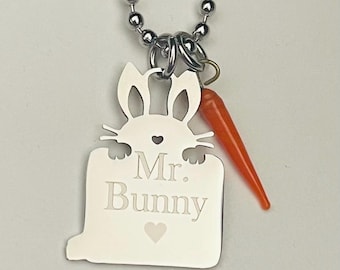 Personalized Rabbit Necklace, Engraved Stainless Steel Charm, with carrot charm