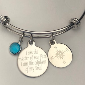 Compass bracelet engraved I am the master of my fate I am the captain of my soul-personalized engraved stainless steel charm bracelet image 3