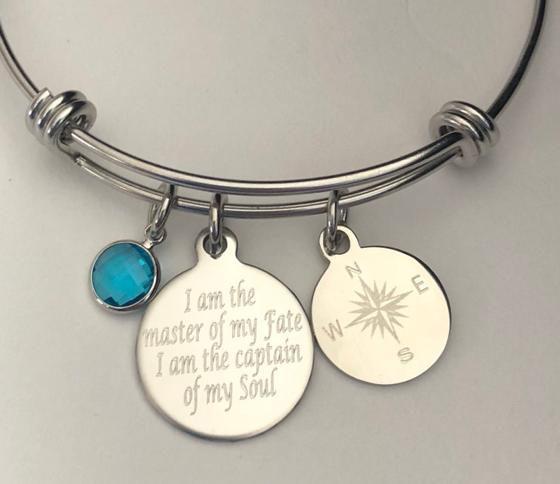 Compass bracelet engraved I am the master of my fate I am the captain of my soul-personalized engraved stainless steel charm bracelet image 3