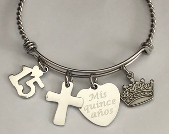 Quince Anos Charm Bracelet: Stainless Steel 15th Birthday Gift