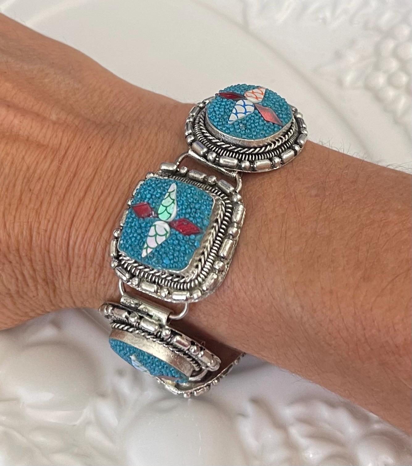 Vintage Mosaic design bracelet-Metal bracelet with glass mosaic design-Measures 7 1/2” x 1” wide