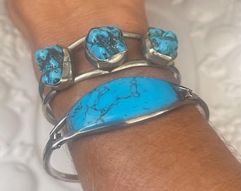 Vintage Silver plated Faux Turquoise cuff 5” with 1”gap or hinged bracelet 6 1/4”