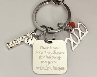Personalized Teacher Keychain: Engraved Name, Apple & Ruler Charms