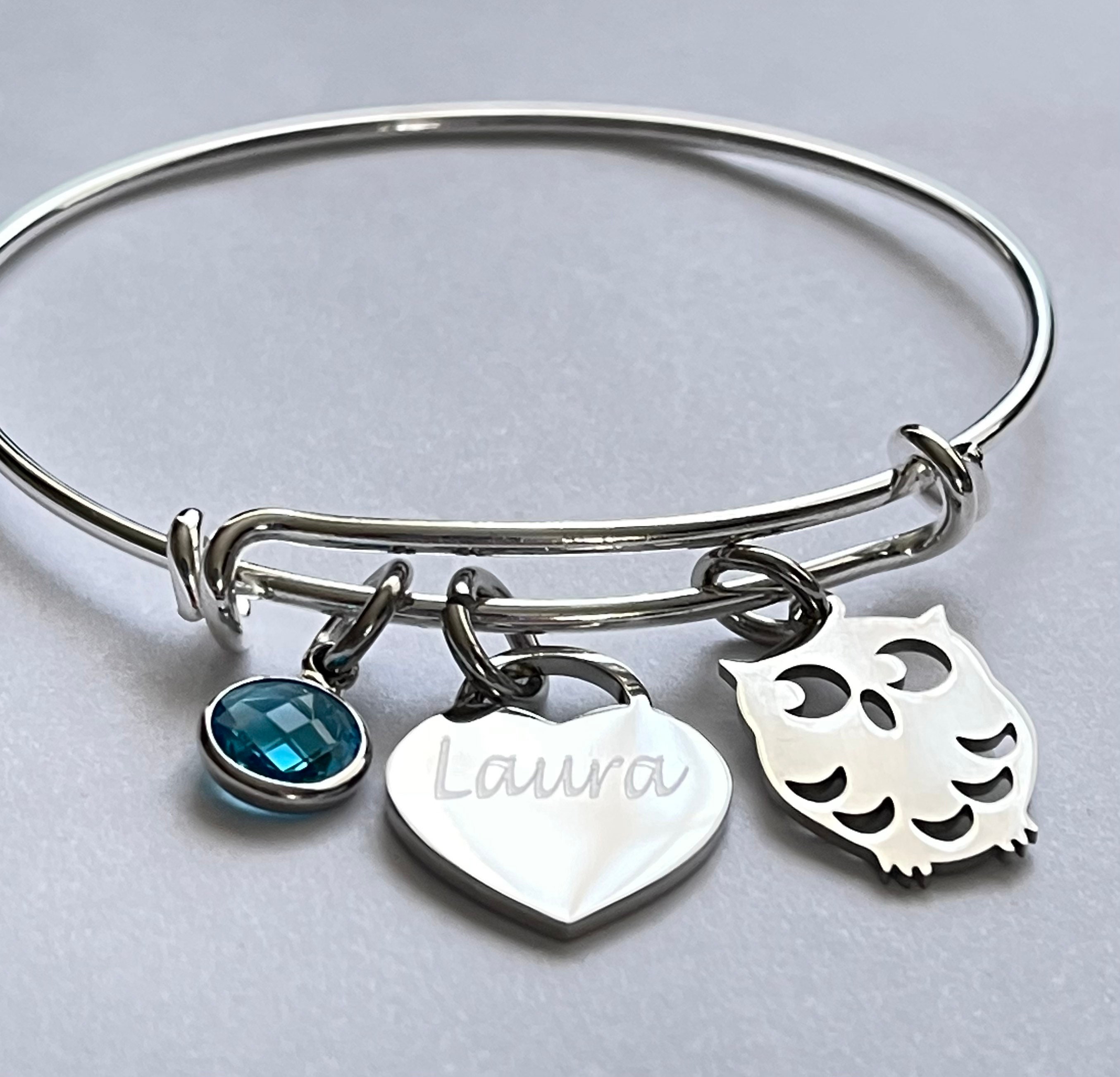 Owl bracelet-with engraved name charm and birthstone-personalized owl bracelet-Bird jewelry