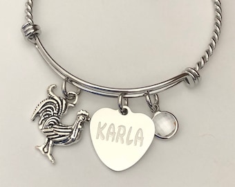 Rooster Bracelet-engraved Name charm bracelet with birthstone and Roostergreat for stacking and layering