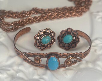 Vintage Cuff, Earrings and Necklace set-Faux Turquoise stones-metal Copper color