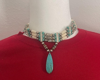 Vintage Western Choker leather Necklace with metal beads and Faux turquoise beads