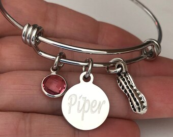 Personalized Peanut Bracelet: Engraved Name & Birthstone Charm