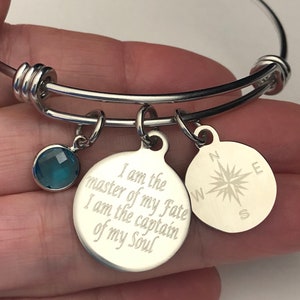 Compass bracelet engraved I am the master of my fate I am the captain of my soul-personalized engraved stainless steel charm bracelet image 2