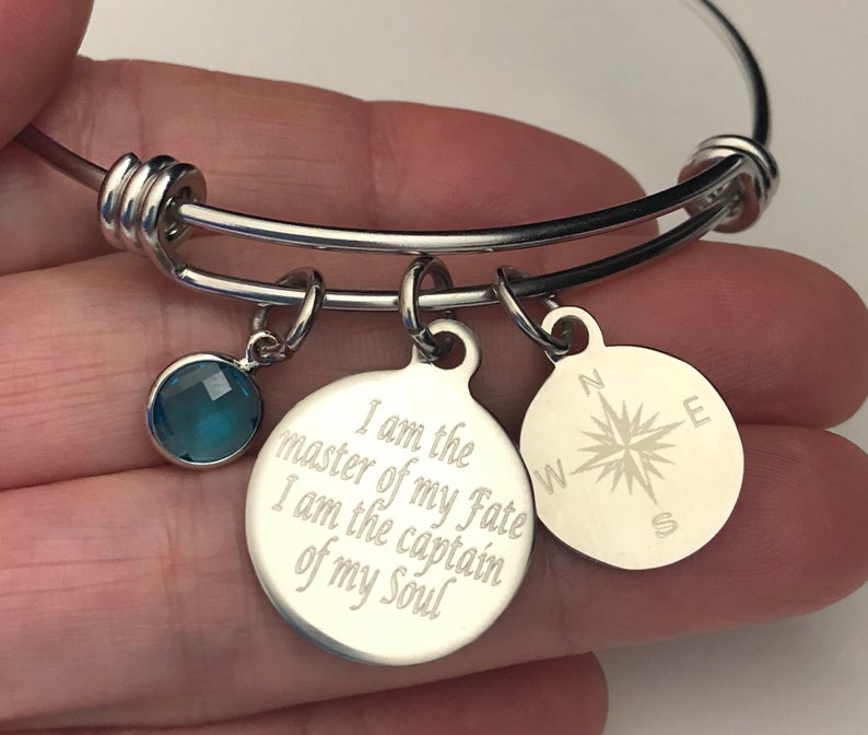Compass bracelet engraved I am the master of my fate I am the captain of my soul-personalized engraved stainless steel charm bracelet image 2