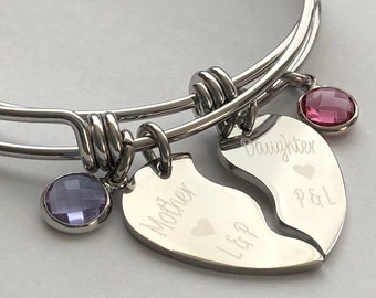 Mother daughter bracelet set-Two bracelets with birthstones and mother and daughter engraved charms personalized with initials