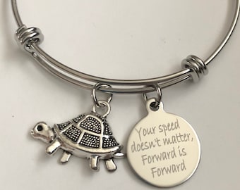 Engraved Turtle Bracelet: Stainless Steel Bangle, Inspirational Quote