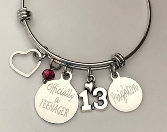 13th Birthday bracelet-Officially a teenager-personalized with name and birthstone,great for stacking and layering