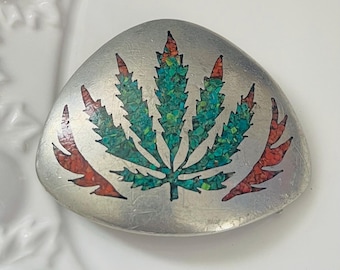 Vintage 1970’s-1980’s Native Craftsmen Belt buckle with Turquoise and coral chips inlay -Marijuana leaf design-
