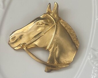 Vintage Horse Head Brooch: Gold Metal, Signed Ultra Craft (2 1/2” x 2 1/2”)