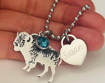Buffalo Bison necklace-personalized engraved stainless steel Buffalo necklace-with birthstone and name charm