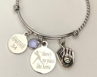 Softball bracelet-personalized Softball bracelet-engraved "there's no place like home" baseball bracelet-softball mom-baseball mom
