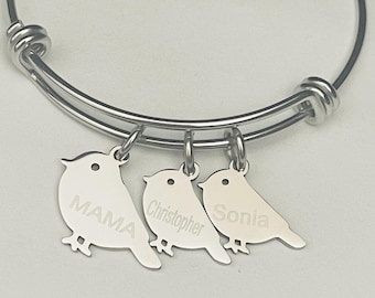 Personalized Mama Bird Bracelet: Engraved Stainless Steel Charm