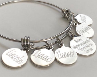 Personalized Grandmother Bracelet: Engraved Grandchildren Names, Stainless Steel Charm